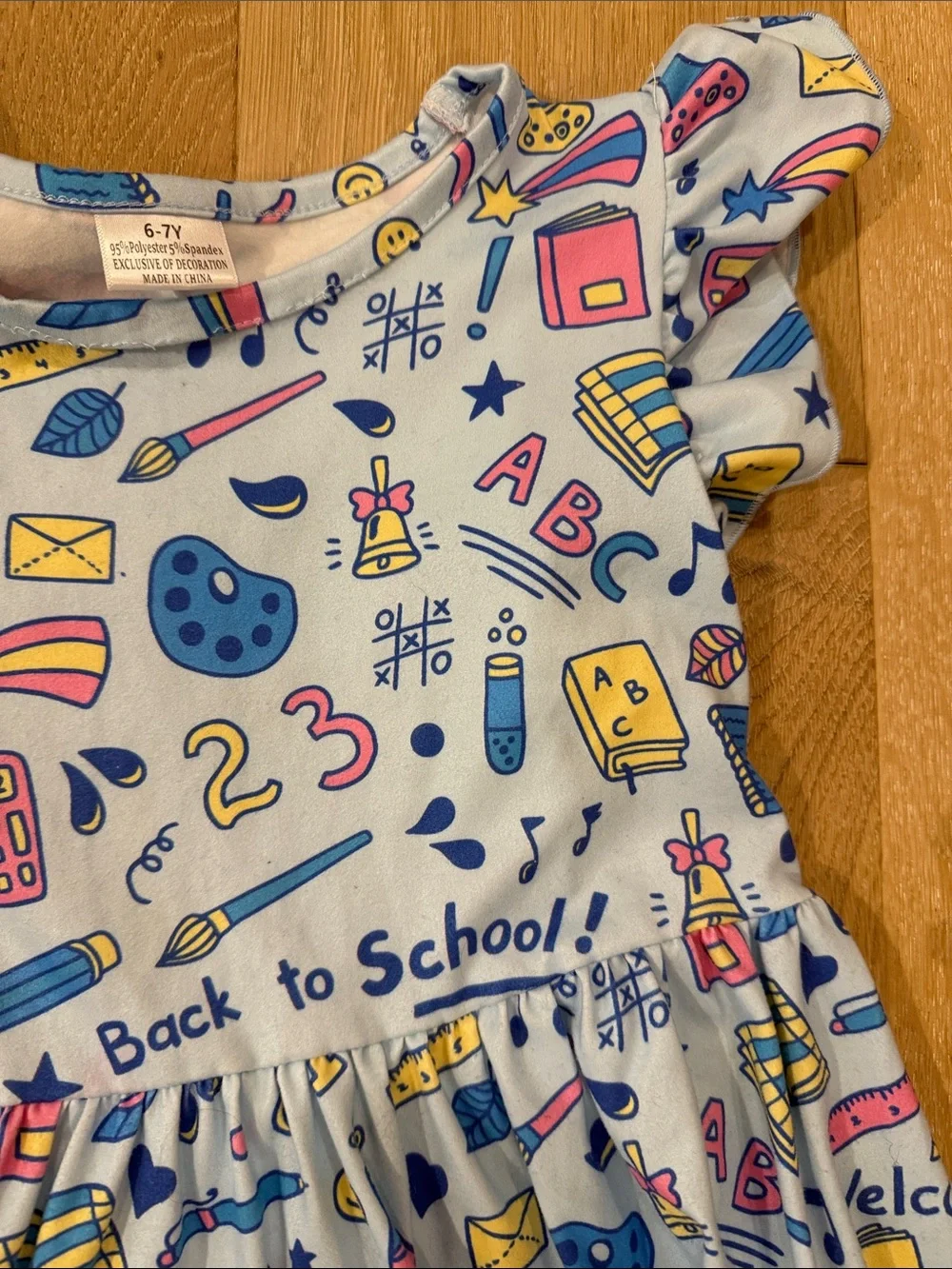 NWOT Girls' Light Blue Back to School Print Flutter-Sleeve Dress size 6-7